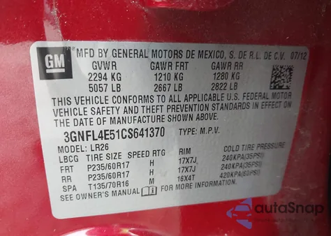 2012 Chevrolet Captiva Sport Ltz z USA, uszkodzony, nr VIN 3GNFL4E51CS641370